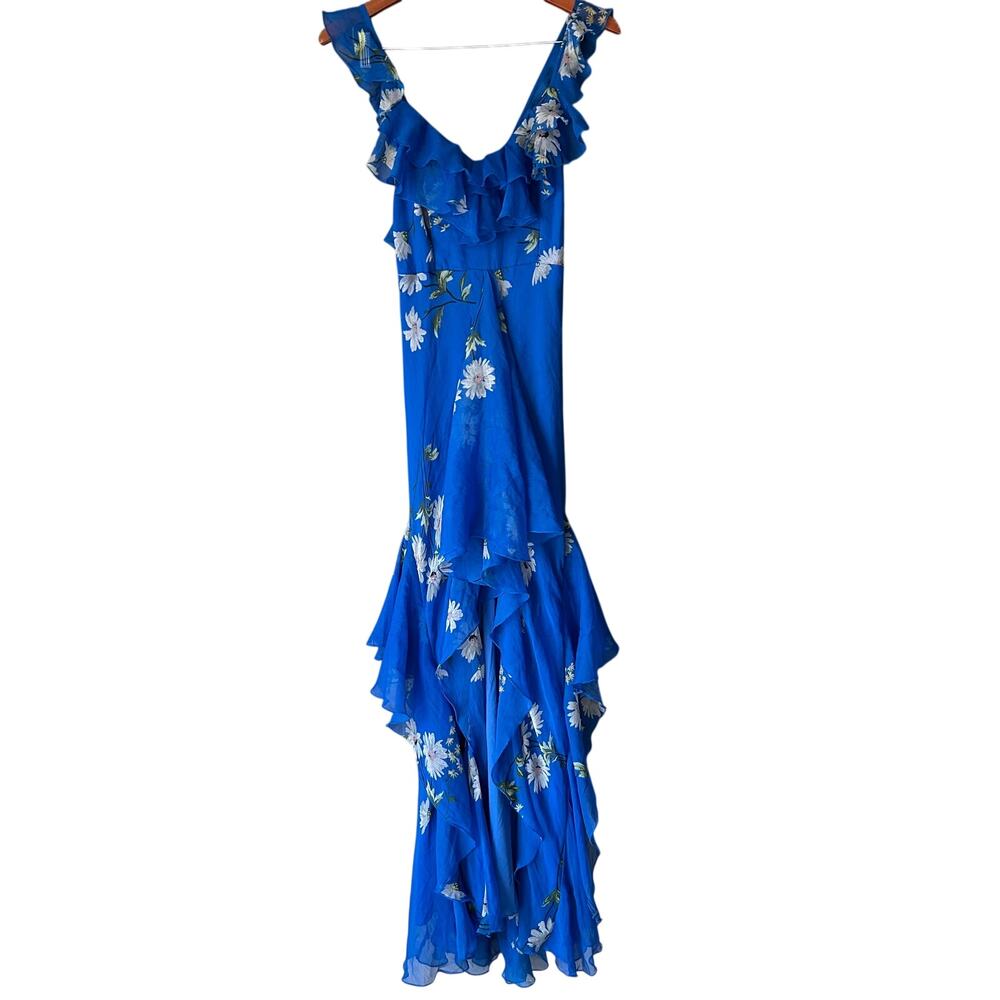 Asos Design Blue Ruffle Trim Dipped Hem Maxi Dress US Size 4 - Picture 2 of 14